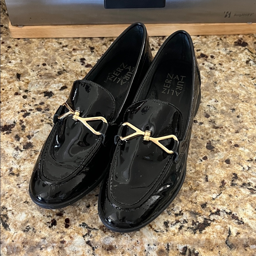 Naturalizer Black Patent Leather Loafers with Gold Accent